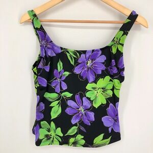 Longitude‎ Womens Tankini Swim Top Size 8 Black Purple Floral Padded Tropical